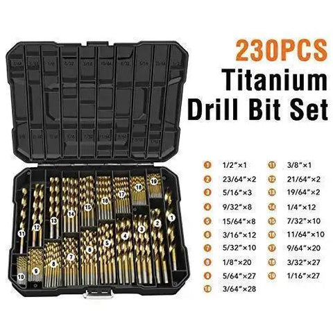 Open case displaying 230-piece Titanium Drill Bit Kit Set for Metal and Wood, 118 Degree Tip, Titanium Coated HSS Bits, ET-DBA-230A.