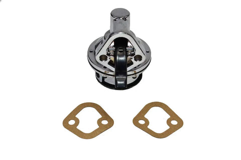 Beefed-Up Inline Mechanical Fuel Pump For Chevy And GMC Small Block 262-400, Chrome Finish, includes gaskets, front view