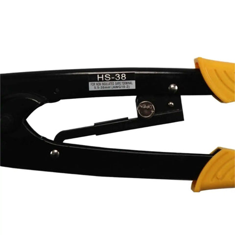 Close-up of Labor-Saving Ratchet Terminal Crimping Pliers 5.5-38mm2 for electrical wiring with ergonomic handle and high carbon steel.