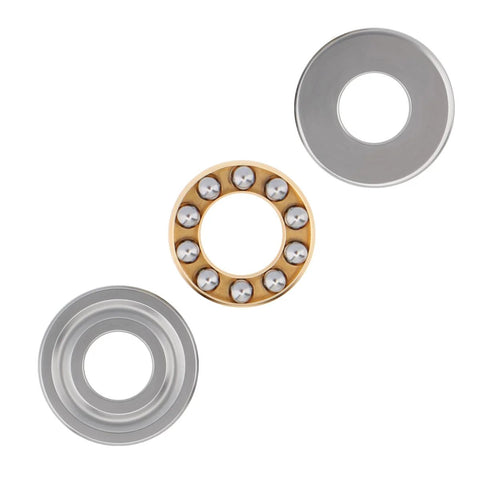 Thrust ball bearing set with gold outer race, visible steel balls, and gray end caps; 8mm bore, 19mm OD.