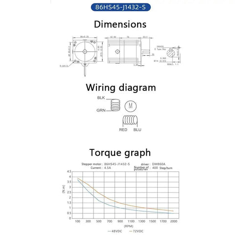 86HS45 stepper motor technical diagrams including dimensions, wiring diagram, and torque graph