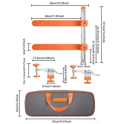 Drawer Slide Jig With Toggle Clamp And Magnetic Arm, Precision Cabinet Drawer Jig Tool laid out with storage bag and measurements.