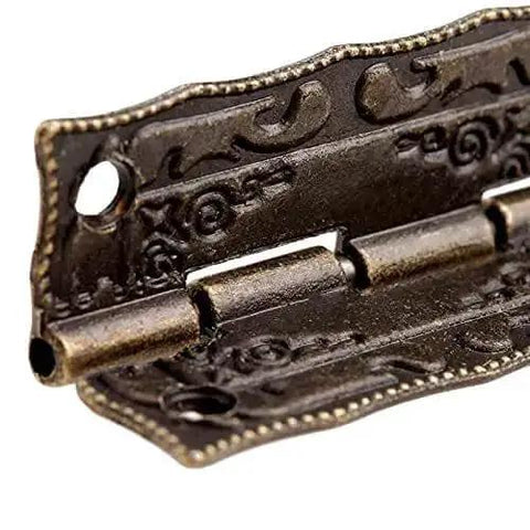 Close-up of Antique Bronze Iron Hinge Set 36x23mm 10 Pieces Vintage Flower Pattern Decorative Hardware for Furniture Zinc Finish