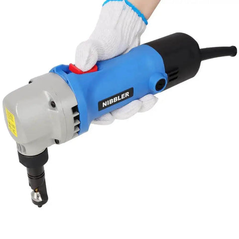 Person holding Sheet Metal Nibbler Electric Cutter With 360 Degree Rotation Heavy Duty 500W Power 16 Gauge 1.6mm Cutting Capacity