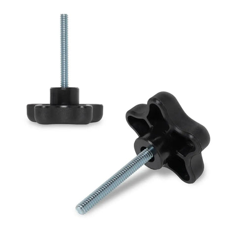 Five Pack Thumb Knobs With Two Inch Threaded Studs For Tools And Jigs, black star shape, metal studs, front and side view.