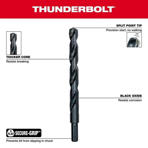 Thunderbolt Black Oxide Drill Bit from 21-Piece High Speed Steel Set showing design features for metal and wood drilling.