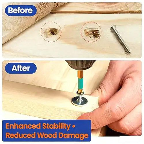 Before and after using 304 Stainless Steel Flat Washers Set 105 Pcs Assortment M2 To M10, showing increased stability and reduced wood damage