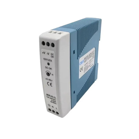 Side view of 20W 12V 24V DC DIN Rail Power Supply For LED Lighting Industrial SMPS Rock Solid Build Compact High Efficiency Module