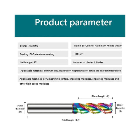 Product specifications for Extra Long One Eighth Inch Carbide Square End Mill For Aluminum Copper Alloy Plastic Wood Three Inch Overall Length Three Flute HRC 55 DLC Coated CNC Router Bit with diagram of cutter dimensions and features.