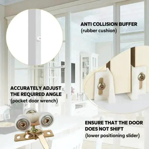 Pocket Door Roller Replacement Kit With Nylon Encapsulated Ball Bearing Wheels For 1125 And Upgrades 1500 Hardware Kit Three Wheel Pulley System Top Mounted Hangers Quiet Smooth Sliding 1 Inch Wheels 220 Pound Capacity installation diagram