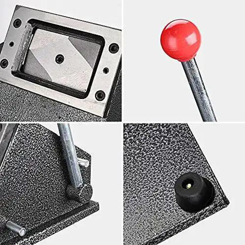 Close-up of Manual Corner Cutter For Credit Cards And IDs With Round Corners, showing metal blade, red handle, and detailed textures.