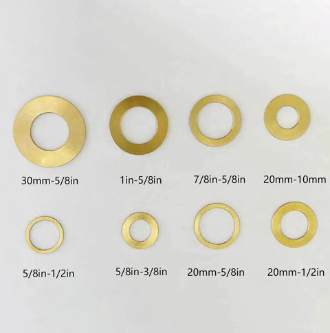 Various brass washer sizes including Brass Arbor Reducer Bushings 1 Inch To Five Eighths Inch 1.5mm Thick Four Pack Pro Grade