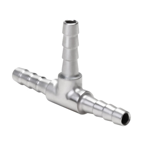 Stainless steel 3-way hose barb tee fitting with 3/16" barbs on all three legs