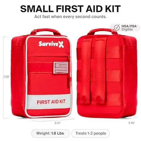 Red Compact First Aid Kit For Car, Travel And Home With Zip Stitch Wound Closure Strips, MOLLE mount, front and back view.
