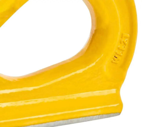 Close-up of yellow 4 Pack Weld On Anchor Hooks 2 Ton G80 For Wrecker Crane Tractor Rigging And Lifting 4400 Lbs Working Load Limit