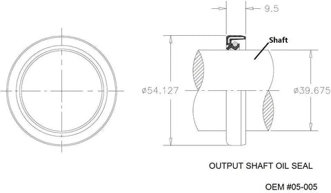 Diagram of input and output shaft seal set for rotary cutter gearbox 40HP and 50HP, showing dimensions and parts.