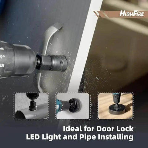 Close-up of All Purpose 19 Piece Hole Saw Kit For Soft Wood Plywood Drywall And PVC Board Includes 2 Mandrels 3 Drill Bits Hex Key And Installation Plate HighFire in use on a door.