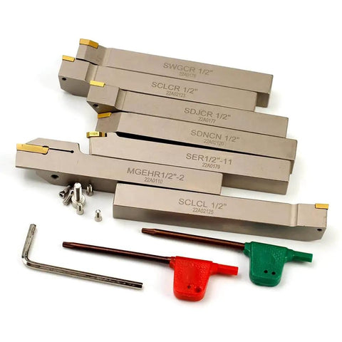 Heavy Duty 1/2 Inch Shank Indexable Lathe Tool Set With Nickel Plated CNC And Metal Lathe Tool Holders For Turning Grooving Threading Parting And Cut Off 7 Piece Kit Durable And Corrosion Resistant Built To Last displayed with tools and accessories