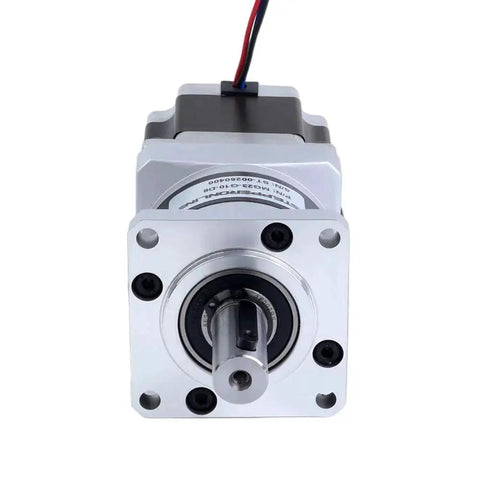 Front view of Nema 23 Stepper Motor Bipolar With 10 To 1 Planetary Gearbox MG Series, featuring shaft coupling and silver frame.