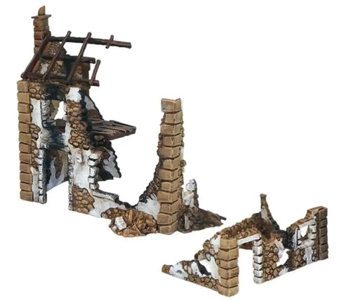 Damaged building terrain piece from the Bolt Action Battle of the Bulge Starter Set For Adults A Complete Tabletop World War II Strategy Wargaming Kit