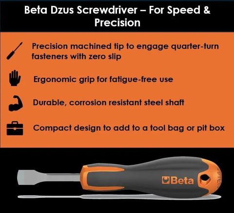Dzus Screwdriver for Countersunk Heads Quick Turn Quarter Turn Panel Fastener Tool With Ergonomic Evox Handle shown with features listed