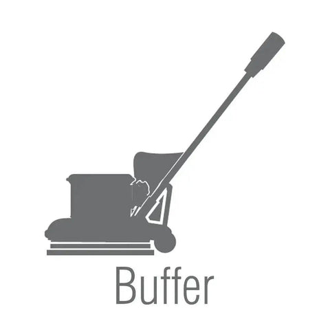 Illustration of a floor buffer machine with text 'Buffer' underneath, related to Green 17 Inch Floor Maintenance Pads For Wet Scrub On Buffers, 5 Pack, Washable And Reusable