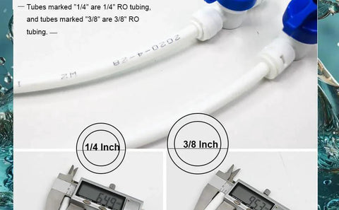 Close-up view of 1/4 inch and 3/8 inch RO tubing with caliper measurements showing size differences for Fifteen Pack Adhesive RO Tubing Holder Clips For One Quarter Inch Water Filter Tubing Cable Management Mounts For Reverse Osmosis Systems Refrigerator And Under Sink Organization One Quarter Inch Tubing Mounting Clips.