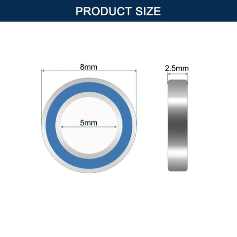 Product size diagram of miniature deep groove ball bearing, 4x10x4mm MR104 2RS, front and side view with dimensions labeled.