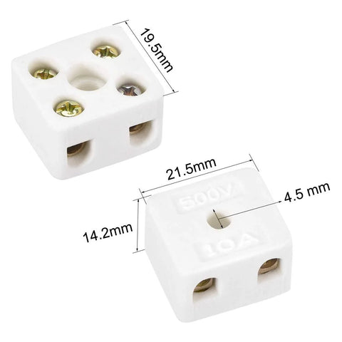Two white 2-way ceramic terminal blocks with screws, high-temp porcelain connectors, 21.5×14.2×19.5mm