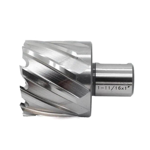 Annular Cutter One And Eleven Sixteenths Inch Diameter With One Inch Cutting Depth For Magnetic Drill Press Three Quarter Inch Weldon Shank With Two Flats Pilot Pin Included Dual Teeth Thin Wall Design For Faster Holes Oscarbide showing side view.