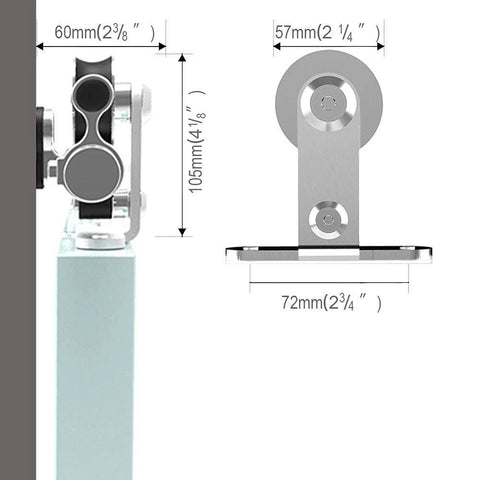 Side view of 9.6Ft Top Mount Sliding Barn Door Hardware Kit in Satin Brushed Stainless Steel, showing dimensions and roller