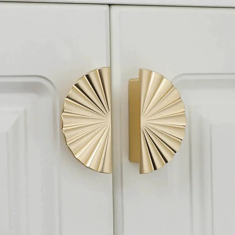 Semicircle Sunflower Cabinet Pulls In Brushed Gold Finish on white cabinets, 6 Pack Durable Zinc Alloy Drawer Handles Knobs with 2.5 Inch Hole Center