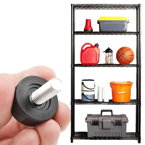Close-up of Eight Pack Three Eighths Inch Thread Leveling Feet Bolts for furniture, next to a shelf holding various items.