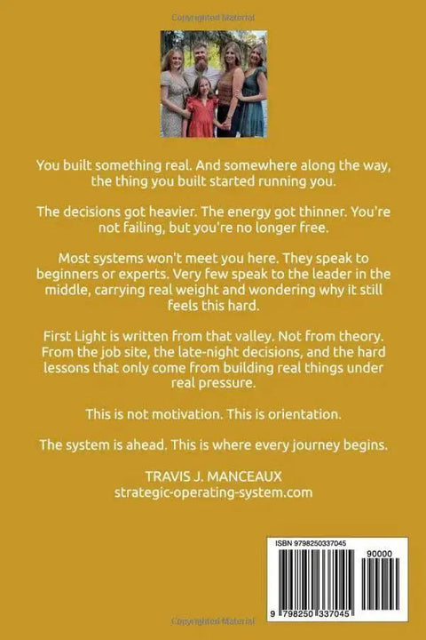 Back cover of a mustard yellow book; small family photo near the top, white text paragraphs, barcode at bottom right.