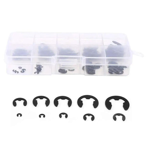 120 Pcs E Clip Circlip Assortment Kit External Snap Ring And Retaining Ring Set For Home Improvement And Industrial Use Durable Manganese Steel Fasteners Portable And Easy To Store in a clear box.