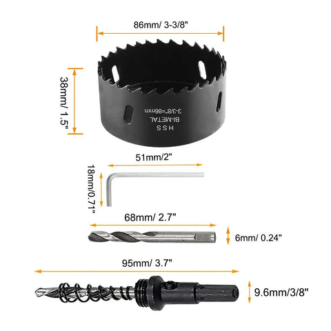86mm Hole Saw With Hex Shank Drill Bit Adapter Bi Metal HSS Cutter with 32mm cutting depth, L wrench, and drill bits shown