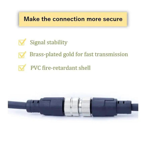 Close-up of Industrial Grade M12 ACoded 4Pin Sensor Cable with waterproof male to female connector, focusing on secure connection.