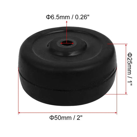 2 Inch Diameter Rubber Caster Wheels 50x25mm Bore 6.5mm Black 4 Pack For Trolleys And Carts Quiet Smooth Rolling With Low Starting Resistance Ideal For DIY Projects And Industrial Use close-up view.