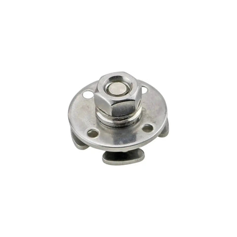 Front view of stainless steel 360-degree disc damping shaft hinge with mounting flange and central bolt