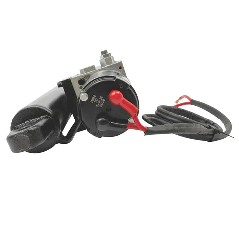 Side view of 12V heavy-duty hydraulic linear actuator with black cylinder, red lever, and wiring harness