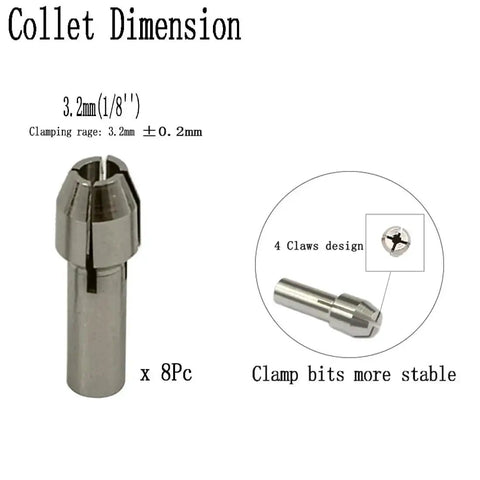 Stainless steel collet dimensions for Pro Grade Ten Piece 1/8 Inch Collet Nut Set with 4-claw design, enhancing stability