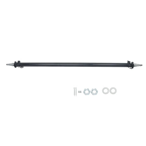Trailer axle beam with idler, black steel tube, side view; includes mounting hardware (bolts, nuts, washers)