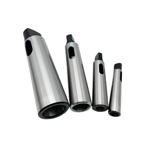 Set of five MT taper shank reducing sleeves; steel hollow arbors with square drive ends.