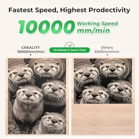 Comparison of engraving speed at 10000 mm/min by Falcon 5W Laser Engraver With Ultra Fine 0.06mm Spot 10000 mm Per Minute Speed For Precise Wood Leather Acrylic Glass Engraving And Cutting Offline Mode 400x415mm Working Area High Quality Dope Precision From Creality, showing two otter designs.