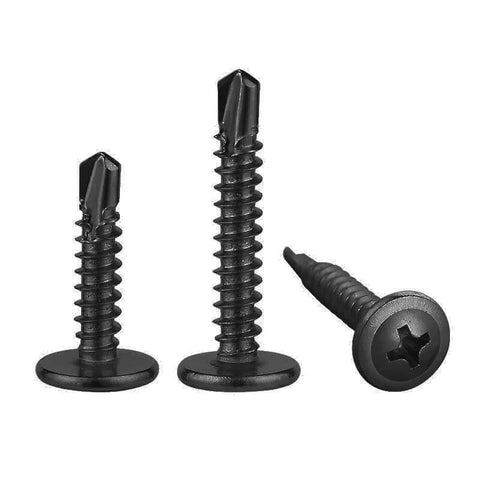 Three black sheet-metal self-tapping screws, #8 x 3/4 in, truss head