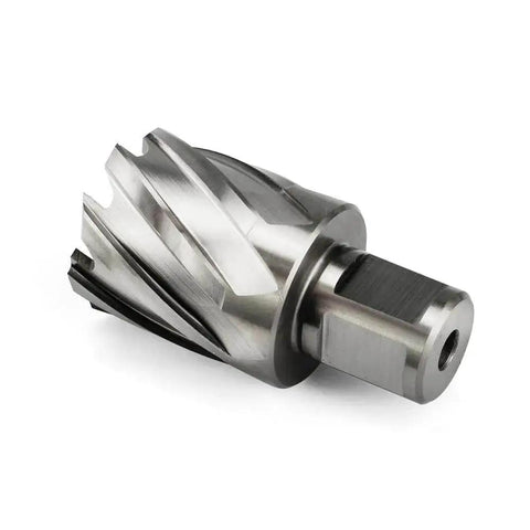 Side view of One And One Quarter Inch Annular Cutter For Magnetic Drill Press With Three Quarter Inch Weldon Shank Two Flats And Pilot Pin Cutting