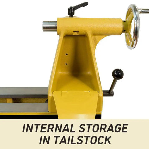 Close-up of Heavy Duty Pro Grade Wood Lathe Powermatic 20 By 20 Inch with internal storage in tailstock.