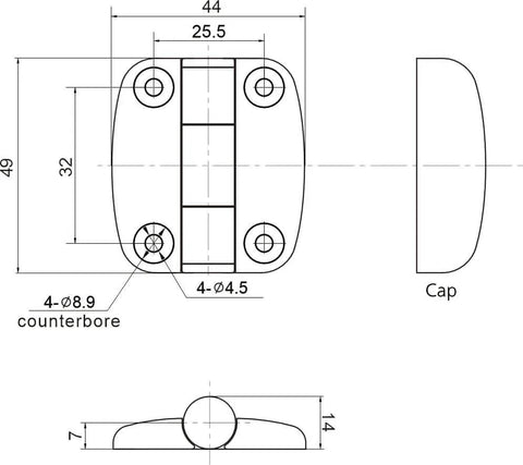 Technical diagram of 49mm x 44mm x 14mm Nylon Butt Hinge Surface Mount Free Swinging 180 Degree Range Matte Black Door Hinge for G6 0 1 Replacement.