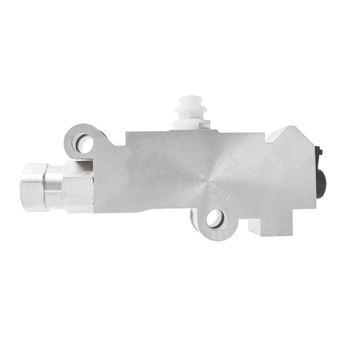 Aluminum PV2 proportioning valve for disc brakes, side view with white plastic adjustment fitting