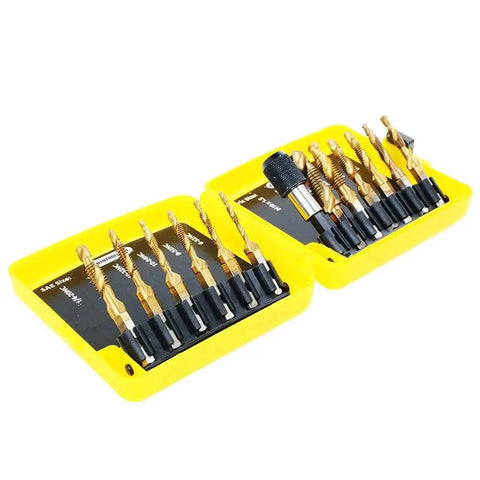 Titanium-Coated Combination Drill Tap Bit Set, 13 Piece SAE and Metric Kit for Quick Threading, Drilling, Tapping, Deburring and Countersinking